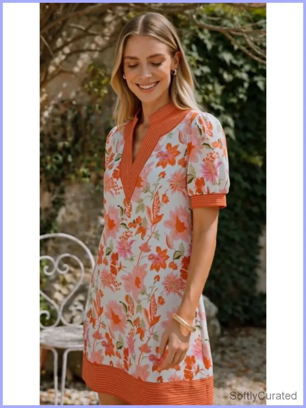 V Neck Puff Short Sleeve Boho Mini Shift Dress with Pockets Casual